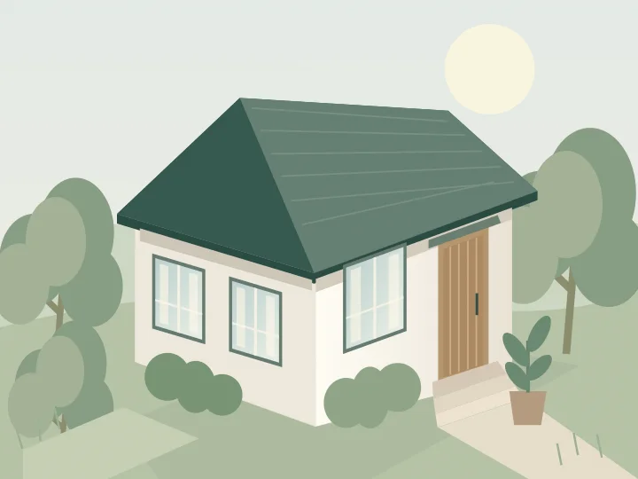 白い外壁と木の玄関を組み合わせた戸建ての外観イラスト（架空のイメージ）