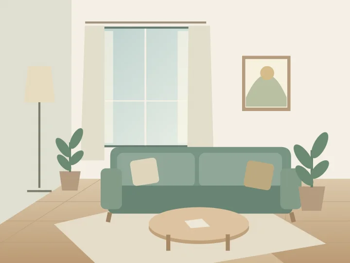 木の床と落ち着いた緑のソファがあるリビングのイラスト（架空のイメージ）